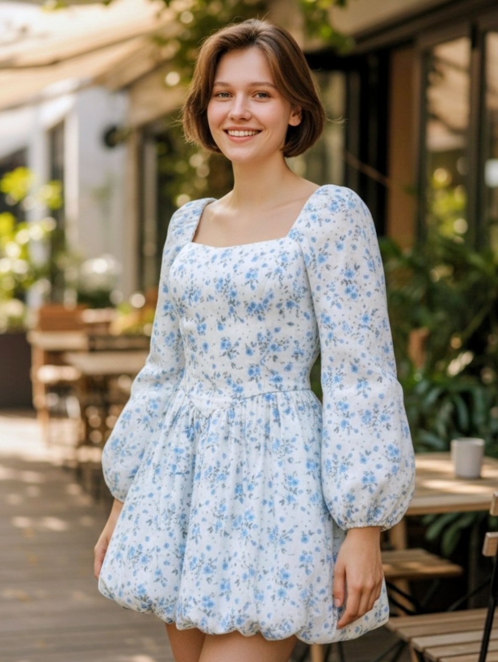 CITY STUDIO Mini Dress W/ Ivory & Blue Floral Print